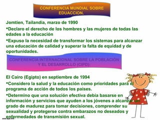 CONFERENCIA MUNDIAL SOBRE 
EDUACCION. 
Jomtien, Tailandia, marzo de 1990 
Declaro el derecho de los hombres y las mujeres de todas las 
edades a la educación 
Expuso la necesidad de transformar los sistemas para alcanzar 
una educación de calidad y superar la falta de equidad y de 
oportunidades. 
CONFERENCIA INTERNACIONAL SOBRE LA POBLACIÓN 
Y EL DESARROLLO (CIPD): 
El Cairo (Egipto) en septiembre de 1994 
Considero la salud y la educación como prioridades para el 
programa de acción de todos los países. 
Determino que una solución efectiva debía basarse en 
información y servicios que ayuden a los jóvenes a alcanzar un 
grado de madurez para tomar decisiones, comprender su 
sexualidad y protegerse contra embarazos no deseados y 
enfermedades de transmisión sexual. 
 
