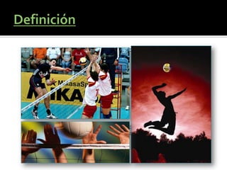 Es un juego de equipo que se juega en una cancha dividida en dos partes
iguales separadas por una red.

En cada parte se sitúa un equipo compuesto por 6 jugadores.

El objetivo es pasar el balón por encima de la red y que dé en el suelo del
campo del equipo contrario. El equipo contrario tiene tres golpes para devolver
el balón.

Se pone en marcha con el saque y la jugada dura hasta que el balón toca el
suelo.

Cada jugada supone un punto y cuando el equipo que recibe gana la jugada,
obtiene el derecho a saque y los jugadores rotan una posición en sentido de
las agujas del reloj.
 