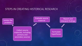 STEPS IN CREATING HISTORICAL RESEARCH
Isolate the
problem
Collect source
materials, including
primary and
secondary sources
Evaluate source
material
Formulate
hypotheses
Report and
interpret findings
 