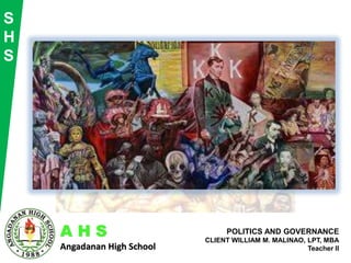 A H S
Angadanan High School
POLITICS AND GOVERNANCE
CLIENT WILLIAM M. MALINAO, LPT, MBA
Teacher II
S
H
S
POLITICS
AND
GOVERNANCE
 