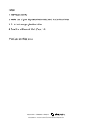 Notes:
1. Individual activity
2. Make use of your asynchronous schedule to make this activity
3. To submit use google drive folder.
4. Deadline will be until Wed. (Sept. 16)
Thank you and God bless.
Downloaded by Anthony Creation (anthonymarcos650@gmail.com)
lOMoARcPSD|21589513
 