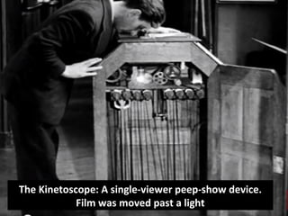 The Kinetoscope: A single-vviieewweerr ppeeeepp--sshhooww ddeevviiccee.. 
FFiillmm wwaass mmoovveedd ppaasstt aa lliigghhtt 
 