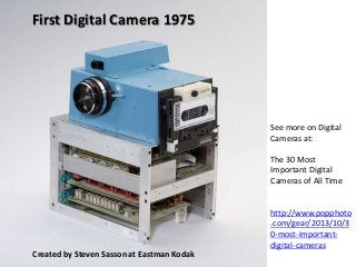 See more on Digital
Cameras at:
The 30 Most
Important Digital
Cameras of All Time
http://www.popphoto
.com/gear/2013/10/3
0-most-important-
digital-cameras
First Digital Camera 1975
Created by Steven Sasson at Eastman Kodak
 