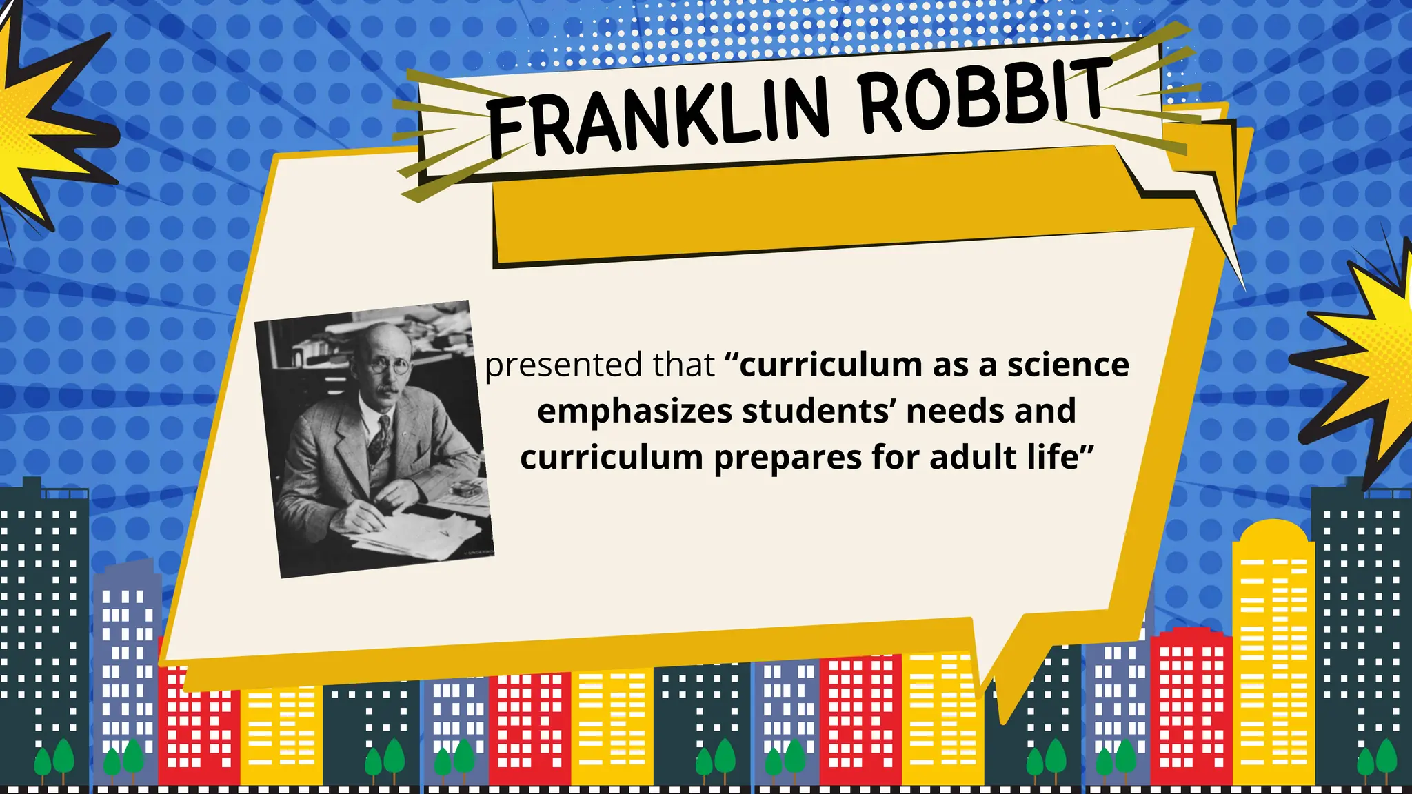 FRANKLIN ROBBIT
presented that “curriculum as a science
emphasizes students’ needs and
curriculum prepares for adult life”
 