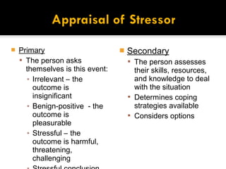    Primary                          Secondary
     The person asks                  The person assesses
      themselves is this event:         their skills, resources,
      ▪ Irrelevant – the                and knowledge to deal
        outcome is                      with the situation
        insignificant                  Determines coping
      ▪ Benign-positive - the           strategies available
        outcome is                     Considers options
        pleasurable
      ▪ Stressful – the
        outcome is harmful,
        threatening,
        challenging
 