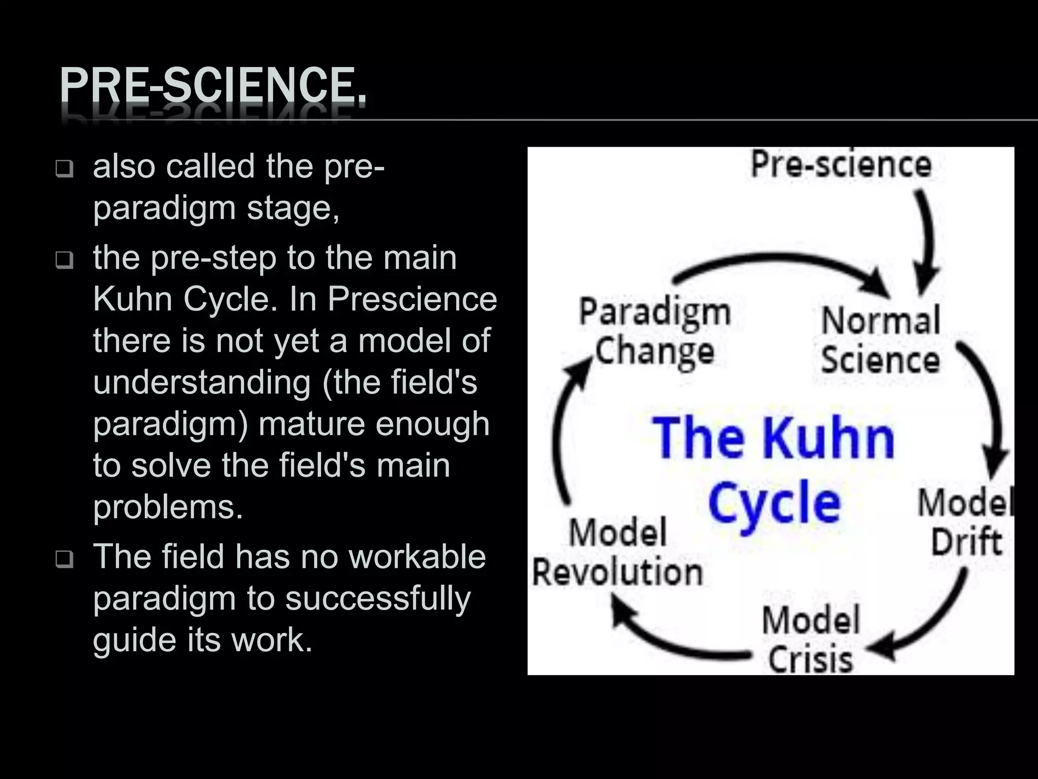 PRE-SCIENCE.
 also called the pre-
paradigm stage,
 the pre-step to the main
Kuhn Cycle. In Prescience
there is not yet a model of
understanding (the field's
paradigm) mature enough
to solve the field's main
problems.
 The field has no workable
paradigm to successfully
guide its work.
 