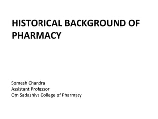HISTORICAL BACKGROUND OF
PHARMACY
Somesh Chandra
Assistant Professor
Om Sadashiva College of Pharmacy
 