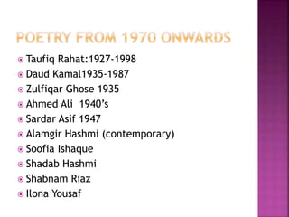  Taufiq Rahat:1927-1998 
 Daud Kamal1935-1987 
 Zulfiqar Ghose 1935 
 Ahmed Ali 1940’s 
 Sardar Asif 1947 
 Alamgir Hashmi (contemporary) 
 Soofia Ishaque 
 Shadab Hashmi 
 Shabnam Riaz 
 Ilona Yousaf 
 