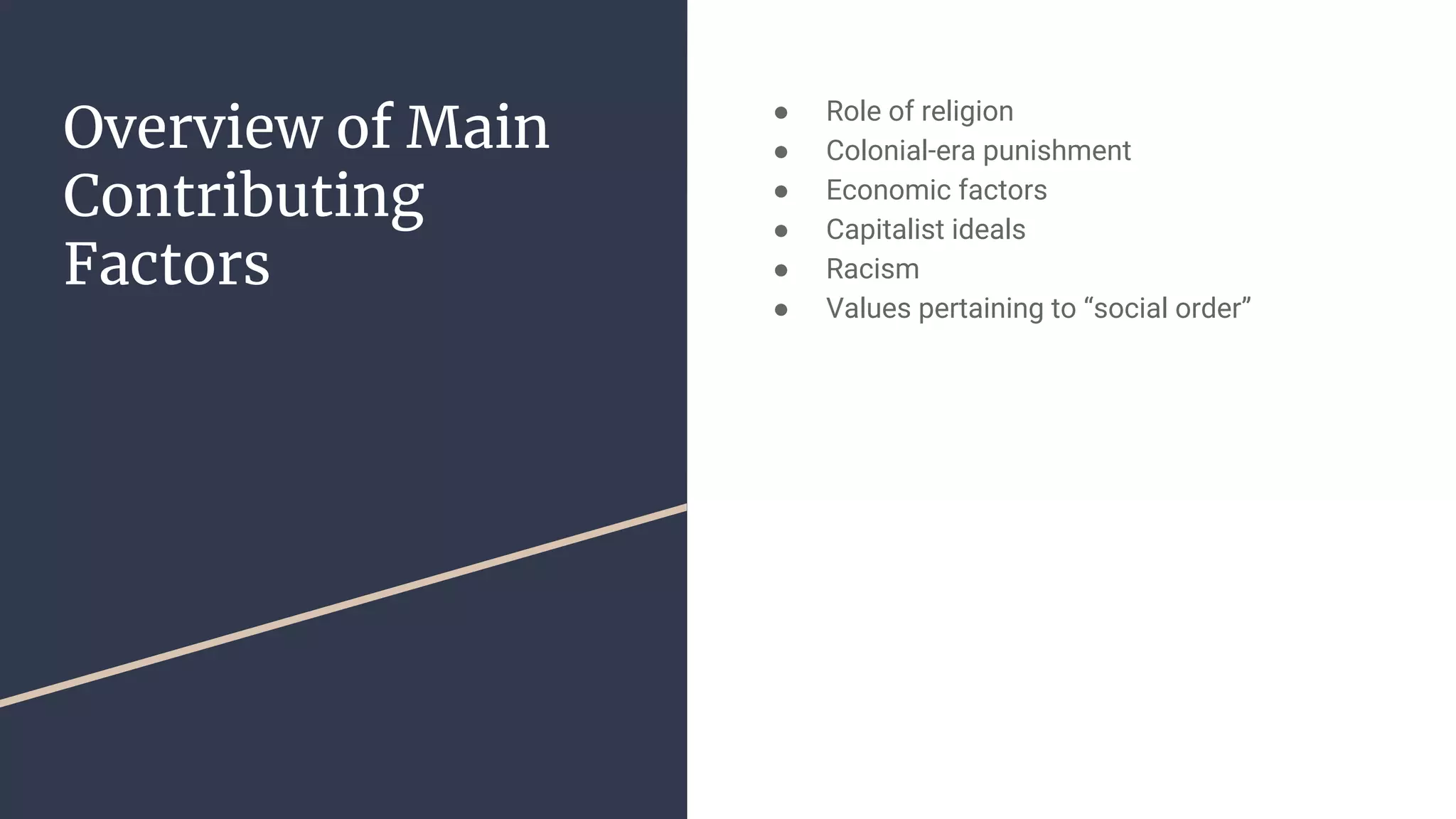 Overview of Main
Contributing
Factors
● Role of religion
● Colonial-era punishment
● Economic factors
● Capitalist ideals
● Racism
● Values pertaining to “social order”
 