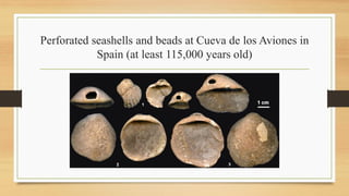 Perforated seashells and beads at Cueva de los Aviones in
Spain (at least 115,000 years old)
 
