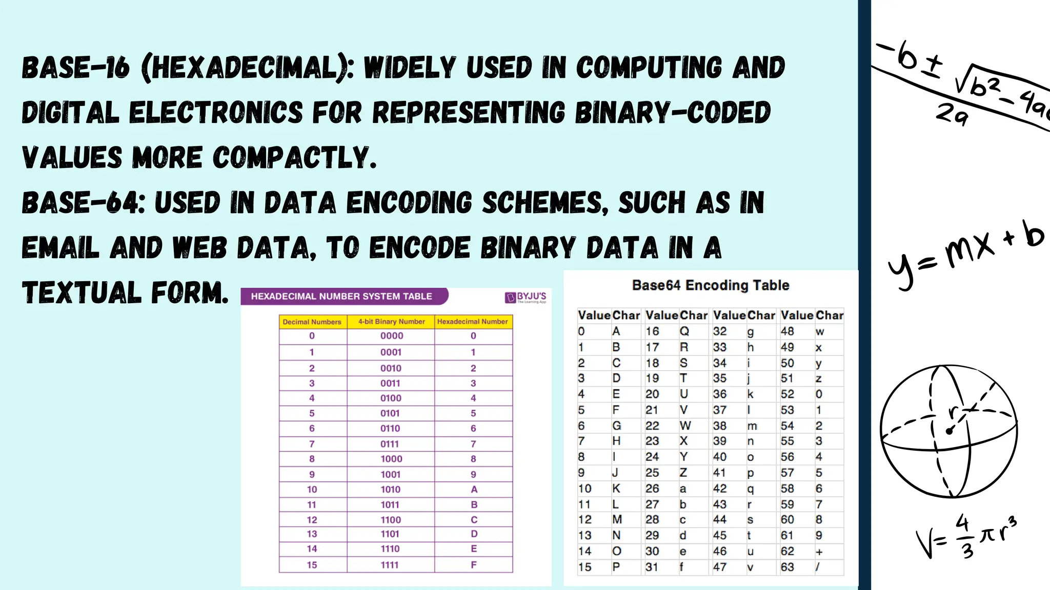 Base-16 (Hexadecimal): Widely used in computing and
digital electronics for representing binary-coded
values more compactly.
Base-64: Used in data encoding schemes, such as in
email and web data, to encode binary data in a
textual form.
 