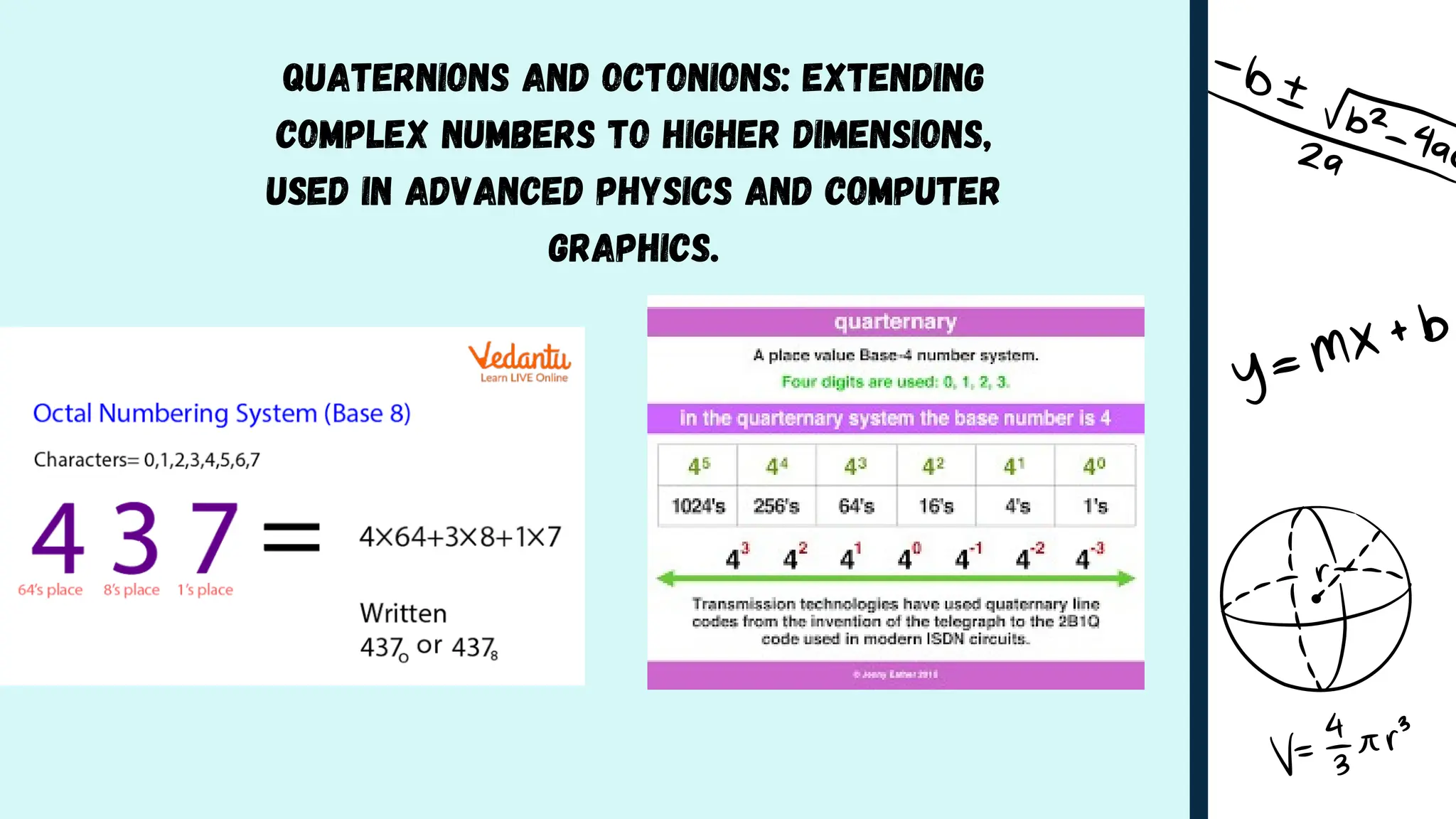 Quaternions and Octonions: Extending
complex numbers to higher dimensions,
used in advanced physics and computer
graphics.
 