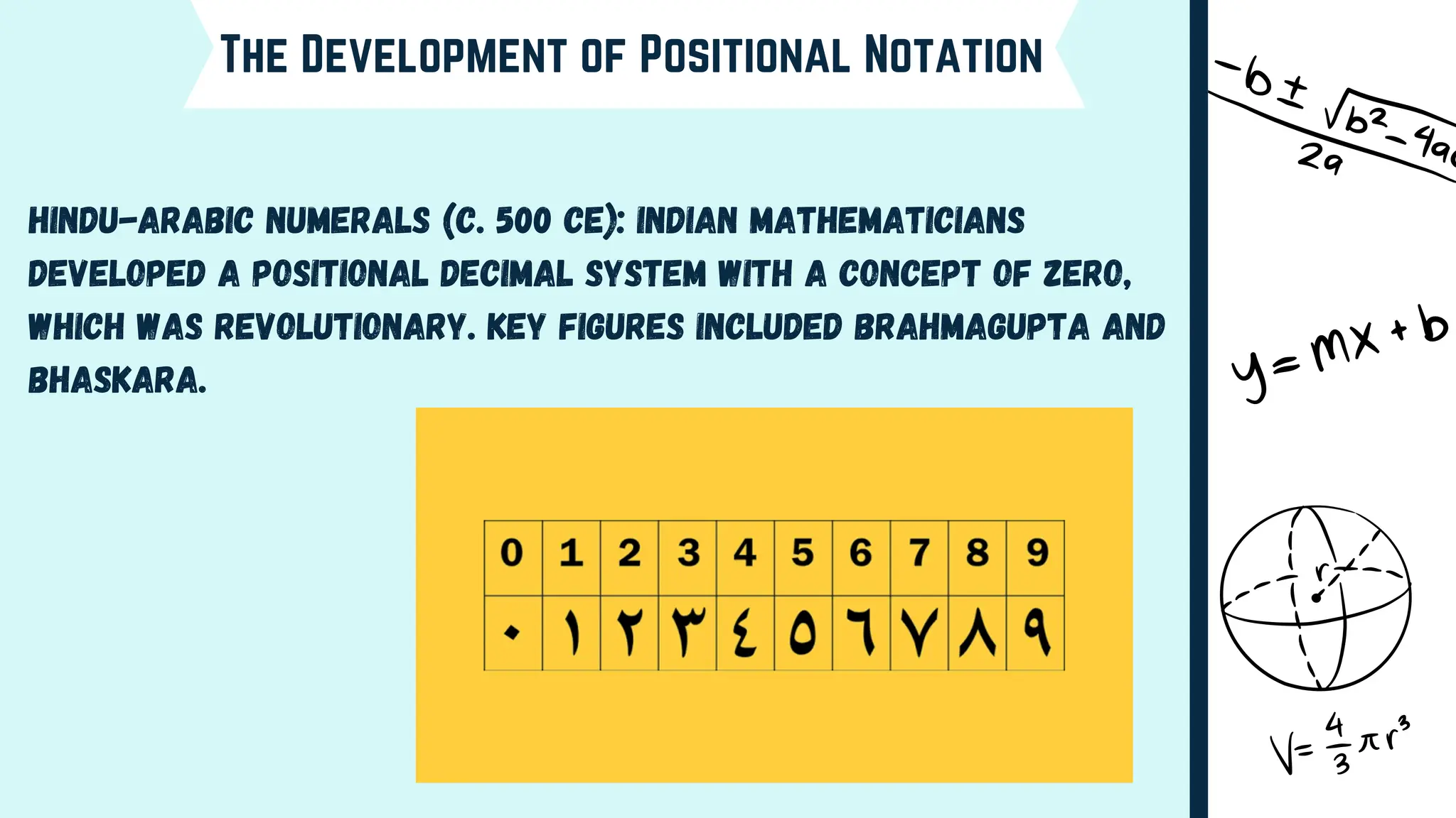 The Development of Positional Notation
Hindu-Arabic Numerals (c. 500 CE): Indian mathematicians
developed a positional decimal system with a concept of zero,
which was revolutionary. Key figures included Brahmagupta and
Bhaskara.
 