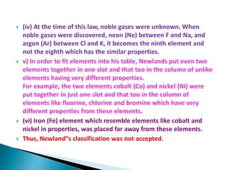  (iv) At the time of this law, noble gases were unknown. When
noble gases were discovered, neon (Ne) between F and Na, and
argon (Ar) between Cl and K, it becomes the ninth element and
not the eighth which has the similar properties.
 v) In order to fit elements into his table, Newlands put even two
elements together in one slot and that too in the column of unlike
elements having very different properties.
For example, the two elements cobalt (Co) and nickel (Ni) were
put together in just one slot and that too in the column of
elements like fluorine, chlorine and bromine which have very
different properties from these elements.
 (vi) Iron (Fe) element which resemble elements like cobalt and
nickel in properties, was placed far away from these elements.
 Thus, Newland‟s classification was not accepted.
 