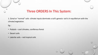 Three ORDERS In This System:
1. Zonal or “normal” soils -climate inputs dominate a soil’s genesis -soil is in equilibrium with the
climate/vegetation.
Eg.:
• Podzols – cool climates, coniferous forest
• Desert soils
• Laterite soils – red tropical soils
 