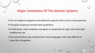 Major Limitations Of The Genetic Systems
The two highest categories were defined in genetic terms not on soil properties.
The great soil group concept were qualitative.
In definitions, more emphasis was given on properties of virgin soils which got
modified by use.
The nomenclature was evolved from many languages and it was difficult to
name the intergrades.
 