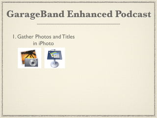 GarageBand Enhanced Podcast

 1. Gather Photos and Titles
          in iPhoto
 
