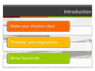 Introduction
Make your Position clear
‘Preview’ your Arguments
Write Succinctly
 