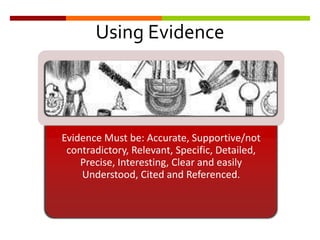 Evidence Must be: Accurate,
Supportive/not contradictory,
Relevant, Specific, Detailed, Precise,
Interesting, Clear and easily
Understood, Cited and Referenced.
Using Evidence
 