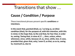 Transitions that show …
Cause / Condition / Purpose
These transitional phrases present specific conditions or
intentions.
In the event that, granted (that), as / so long as, on (the)
condition (that), for the purpose of, with this intention, with this
in mind, in the hope that, to the end that, for fear that, in order
to, seeing / being that, in view of, if ..., then, unless, when,
whenever, since, while, because of, as, since, while, lest, in case,
provided that, given that, only / even if, so that, so as to, owing
to, inasmuch as, due to
 