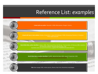 A book with one author: Reynolds, H 2000, Black pioneer, Penguin, Victoria.
A book with two or more authors: Stanley, R, Reynolds, S, Joyce D & Holloway, R 2002, Discovering Chemistry 2, Enterprise Press,
South Australia.
World Wide Web, author identified: Kotow, J 2001, ‘New Aussie Kid on the Murray’, The Australian, 23 February 2002, viewed on
The Australian website, Saving the Murray River, <the
Australian.news.com.au/common/story/_page/0,5744,1956890%255E12812,00.html>.
World Wide Web, no author identified: ‘Graffiti’, Behind the News 2002, viewed 5 September 2002,
http://www.abc.net.au./btn/special/place/script.htm#one>.
Film: Now voyager 1942, motion picture, Warner, New York, Directed by Irving Rapper.
Reference List: examples
 