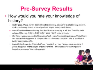 Pre-Survey Results How would you rate your knowledge of history?  Pretty good. I have always been interested in history, so I watch a lot of history channel, took extra history classes in undergrad and taught history  with drama. I would say I’m decent in history. I took AP European history in HS. And Euro history in college. I like euro history. As US history goes, I don’t know as much. Not high. I was never good in history in school. I hated memorizing dates and I could care less about what happened in Europe 1066! As I matured I still don't love it, but have a better appreciation of it. I wouldn’t call myself a history buff, but I wouldn’t say that I do not know anything. I guess it depends on the subject or period of time. I am interested in learning about historical places and interesting people. Free powerpoint template: www.brainybetty.com 