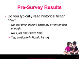 Pre-Survey Results Do you typically read historical fiction now? No, not time, doesn’t catch my attention fast enough. No, I just don’t have time.  Yes, particularly Florida history. Free powerpoint template: www.brainybetty.com 