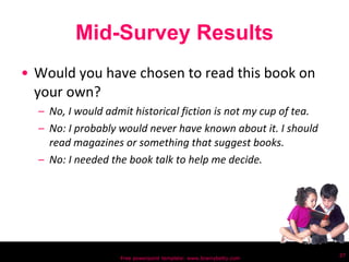 Mid-Survey Results Would you have chosen to read this book on your own?  No, I would admit historical fiction is not my cup of tea.  No: I probably would never have known about it. I should read magazines or something that suggest books. No: I needed the book talk to help me decide. Free powerpoint template: www.brainybetty.com 