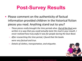 Post-Survey Results Please comment on the authenticity of factual information provided children in the historical fiction pieces you read. Anything stand out to you? These pieces really brought the time periods alive.  Out of the Dust  was written in a way that you could actually taste the mud in your mouth. I never realized how truly awful it was for people during the Dust Bowl.  After researching the time period, I found that the books  were very factual and true. Details of clothes, transportation, and etiquette. Free powerpoint template: www.brainybetty.com 