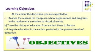 History Lesson Objectives Historical foundation of education | PPTX