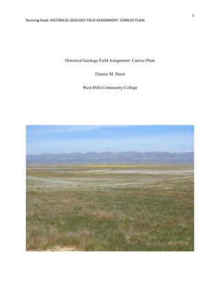 Historical Geology Field Assignment: Carrizo Plain<br />Elouise M. Hurst<br />West Hills Community College<br />Abstract<br />For the Historical Geology Field Assignement, I visited the Carrizo Plain National Monument in San Luis Obispo County, California. The five subjects I picked were the overall history of the Carrizo Plain, Soda Lake, saltbush plants, barn owls and the San Andreas Fault.<br />Historical Geology Field Assignment: Carrizo Plain<br />The Carrizo Plain National Monument, located approximately 100 miles north of Los Angeles, encompasses 250,000 acres of grassland valley. On its eastern side it is bordered by the Temblor Range and by the Caliente Range on its western side. The San Andreas Fault runs the length of the eastern margin; along the western edge of the Temblor Range (Figure 1). Soda Lake, a 3,000 acre seasonal alkali lake, lies in the northern portion of the plain. <br />This area was originally a shallow to intermediate depth marine basin which was uplifted during the Pleistocene. Marine sedimentary rock, both non-organic and organic, is the predominate rock of both the Temblor and Caliente Ranges (Geology, 1999).<br />Figure  SEQ Figure  ARABIC 1: Soda Lake with Temblor Range<br />552450311594500The entire Carrizo Plain area drains internally (Hildinger, 1995). The water from the western slopes of the Temblor Range and the eastern slopes of the Caliente Range all drain into the Carrizo Plain. This water collects on the valley floor and creates Soda Lake and many other small pools and ponds. Soda Lake (Figure 2) is not the remnant of a large ice age lake but was formed due to uplift associated with the San Andreas Fault. Between 3-1 million years ago the river formed from the runoff flowed southward out of the valley. Uplift to the south caused the river to change direction and flow northward. Uplift to the north then blocked the river and led to the formation of Soda Lake.<br />Figure 2: Soda Lake<br />During the late summer months or earlier in years of low precipitation, Soda Lake dries up. The crust (Figure 3) left behind is a mixture of salts; 82% sodium sulfate, 9% sodium chloride and 9% miscellaneous salts (Hildinger, 1995). The salts have accumulated from erosion of the surrounding mountains that were transported by runoff and evaporated on the valley floor.<br />Figure  SEQ Figure  ARABIC 2: Salt Crust<br />Figure 4: Saltbush<br />Saltbush (Figure 4) is a native plant of California and is found only from San Luis Obispo to Fresno, CA (Wilson, 2011). It is found lining the shores of Soda Lake and other low-lying areas on the Carrizo Plain where water collects in the spring. <br />This species, Atriplex spinifera, has evolved to thrive under harsh conditions. It does best under water-stress conditions such as drought and salt. Under extreme drought conditions it will shed its leaves. Saltbush removes the salt from the water and stores it in bladders located in its leaves (Wilson, 2011). When the leaves are shed or are eaten by animals, the salt is then removed from the plant. <br />Figure 5: Barn Owl<br />Figures 5 and 6 are photographs of Barn Owls. The Barn Owl (Tyto alba) is found on every continent except Antarctica. It is the most wide spread of all owl species and very adaptive to many environments. They prefer primarily open lowlands with some trees like farmland and semi-arid shrub lands but are also found in various forest types and urban areas (Behrman, 2011).<br />The fossil record of the barn-owl goes back to the Eocene and then showing a decline in the Neogene. The first time the barn owl was official described was in 1769 by Giovanni Scopoli, an Italian naturalist. There are currently 16 known species of barn owl in the world. <br />The Barn Owl has adapted to feed on a wide variety of food sources. While the Barn Owl feeds mostly on small mammals such as mice, voles, squirrels and skunks, they have also been documented to feed on lizards, fish, birds and insects.<br />Certain areas such as Connecticut have seen a decline in Barn Owl populations. This is due to loss of foraging and nesting habitat and the increased use of rodent poison which has reduced the owls’ food base. Currently the Barn Owl is listed as an endangered species in the state of Connecticut (Connecticut, 2011).<br />Figure 6: Barn Owl<br />Figure 7: Wallace Creek Offset<br />The San Andreas Fault is the longest fault in California; measuring nearly 800 miles. The fault runs along the western edge of the Carrizo Plain along the  lower portion of the Temblor Range. The San Andreas Fault was formed during the Cenozoic Era by the collision of the Pacific plate with the North American plate (Levin, 2010). Instead of the Pacific plate being sub ducted under the North American plate, it started a lateral or strike-slip motion. The land mass west of the fault is moving in a generally northward direction at about 2 inches per year (Schulz, 1997). This rate is not fixed along the entire length of the fault as some sections slowly creep each year while others lay dormant for long periods of time and move with earthquakes. Geologists believe that since the formation of the San Andreas Fault 15-20 million years ago, the total movement of the fault is 350 miles (Schulz, 1997).<br />Figure 7 shows the offset caused by the San Andreas Fault. Wallace Creek flows across the fault and its path has been altered by the plate movement. During runoff, the water flows from right to left in the picture. In the last 3,800 years, Wallace Creek has been offset approximately 420 feet by the San Andreas Fault.<br />References<br />Behrman, L. (2011). Barn Owl. Retrieved from http://www.peregrinefund.org/explore_raptors/owls/barnowl.html<br />Carrizo Plain National Monument. (2011, April 25). Retrieved from http://www.blm.gov/ca/st/en/fo/bakersfield/Programs/carrizo.html<br />Connecticut Department of Environmental Protection. (2011). Barn Owl. Retrieved from http://www.ct.gov/dep/cwp/view.asp?q=325962 <br />Geology and Paleontology. (1999). Retrieved from http://www.blm.gov/pgdata/etc/medialib//blm/ca/pdf/pdfs/bakersfield_pdfs/bake_cpnaplan.Par.4e448b5d.File.pdf/GeologyPaleontology.pdf<br />Hildinger, J. (1995). Carrizo Plain Natural Area. Retrieved from http://www.scec.org/wallacecreek/guides/blm-cpna.pdf<br />Levin, H. (2010). The Earth Through Time. Hoboken, NJ: John Wiley & Sons, Inc.<br />Schulz, S. (1997, June 24). The San Andreas Fault.  Retrieved from http://pubs.usgs.gov/gip/earthq3/safaultgip.html<br />Wilson, B. (2011). Atriplex spinifera. Retrieved from http://www.laspilitas.com/nature-of-california/plants/atriplex-spinifera<br />