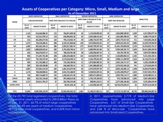 Assets of Cooperatives per Category: Micro, Small, Medium and large
                                                                             As of December 2011
                        MICRO COOPERATIVES                   SMALL COOPERATIVES               MEDIUM COOPERATIVES                   LARGE COOPERATIVES
                                                                                         MORE THANK 15 MILLION UP TO 100                                               GRAND TOTAL
                        3 MILLION AND BELOW       MORE THAN 3 MILLION UP TO 15 MILLION                                          MORE THAN 100 MILLION
    REGION                                                                                          MILLION
                   NO. OF                           NO. OF                               NO. OF                            NO. OF                             NO. OF
                              AMOUNT OF ASSETS                     AMOUNT OF ASSETS                  AMOUNT OF ASSETS                    AMOUNT OF ASSETS                AMOUNT OF ASSETS
                   COOPS                            COOPS                                COOPS                             COOPS                              COOPS

        I           1,110        614,564,086.55         115            766,871,820.38        34        1,119,569,069.50        10          1,816,890,100.81    1,269       4,317,895,077.24
       II             563        312,521,070.13         119            656,964,042.20        65        2,354,208,415.65         8          1,361,085,998.50      755       4,684,779,526.47
      CAR             516        361,045,477.66         132            793,119,932.74        49        2,386,753,427.99        14          3,873,773,417.63      711       7,414,692,256.02
       III          1,575        756,218,206.21         283          2,129,131,826.68       120        3,372,064,816.52        27          6,053,315,101.54    2,005      12,310,729,950.94
      NCR           1,409        833,332,294.12         386          2,933,017,981.47       275       10,445,709,397.30        59         41,341,763,058.38    2,129      55,553,822,731.27
       IV           1,839      1,080,820,953.61         402          2,795,328,746.61       177        6,600,994,561.86        32          9,934,540,331.75    2,450      20,411,684,593.83
       V              632        354,276,872.17         118            786,224,781.40        38        1,203,504,467.32         5            535,701,787.95      793       2,879,707,908.84
       VI             946        571,267,701.80         248          1,803,329,686.95       125        4,610,029,937.04        13          2,166,805,856.52    1,332       9,151,433,182.31
      VII           1,037        791,743,579.59         367          2,173,618,599.13        91        3,146,799,652.99        28          9,998,111,699.99    1,523      16,110,273,531.69
      VIII            499        311,735,000.12         106            725,183,189.66        51        1,873,083,902.23        10          2,425,126,717.27      666       5,335,128,809.28
       IX             589        359,109,438.88          92            646,668,782.41        53        1,991,088,009.20         7          2,276,952,434.28      741       5,273,818,664.78
       X            1,091        672,025,214.54         264          1,601,314,375.40        66        2,474,470,997.39        17          8,695,163,482.13    1,438      13,442,974,069.45
       XI           1,174        768,240,890.01         349          2,014,722,180.87        90        3,538,952,429.16        40         11,335,320,078.27    1,653      17,657,235,578.31
      XII             718        409,714,840.73         192          1,358,562,971.99        81        2,805,471,084.02        15          3,955,740,114.77    1,006       8,529,489,011.51
    CARAGA            836        452,732,726.60         148            997,648,614.60        55        1,724,170,103.03         3            472,739,506.59    1,042       3,647,290,950.81
     ARMM           1,157        253,611,781.27          37            262,785,253.68        10          398,091,218.15        10          2,277,206,166.84    1,214       3,191,694,419.94
 CENTRAL OFFICE         3                   -             2             20,541,556.18        21        1,153,596,343.78        39         18,753,476,644.37       65      19,927,614,544.33

     TOTAL         15,694      8,902,960,133.99       3,360         22,465,034,342.33     1,401       51,198,557,833.13      337         127,273,712,497.58   20,792     209,840,264,807.02
Of the 20,792 total registered cooperatives, the total                                                   In 2011, approximately 5.71% of Medium-Size
cooperative assets amounted to 209.8 Billion Pesos as                                                    Cooperatives have advanced into Large
of Dec. 31, 2011, 60.7% of which large cooperatives                                                      Cooperatives, 6.01 of Small-Size Cooperatives
assets, 24.4% are assets of medium cooperatives,                                                         have advanced into Medium-Size Cooperatives,
10.71% from small cooperatives, and 4.24% from micro-                                                    and 2.84 % of Micro-size Cooperatives have
cooperatives.                                                                                            advanced into Small-sized Cooperatives.
 