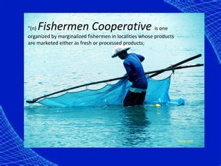 "(n)Fishermen Cooperative                               is one
organized by marginalized fishermen in localities whose products
are marketed either as fresh or processed products;
 