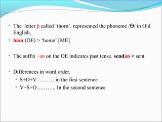 • The letter þ called ‘thorn’, represented the phoneme /Ɵ/ in Old
  English.
• hām (OE) > ‘home’ [ME]


• The suffix –an on the OE indicates past tense. sendan > sent


• Differences in word order.
   • S+O+V ……… in the first sentence
   • V+S+O……….. In the second sentence
 