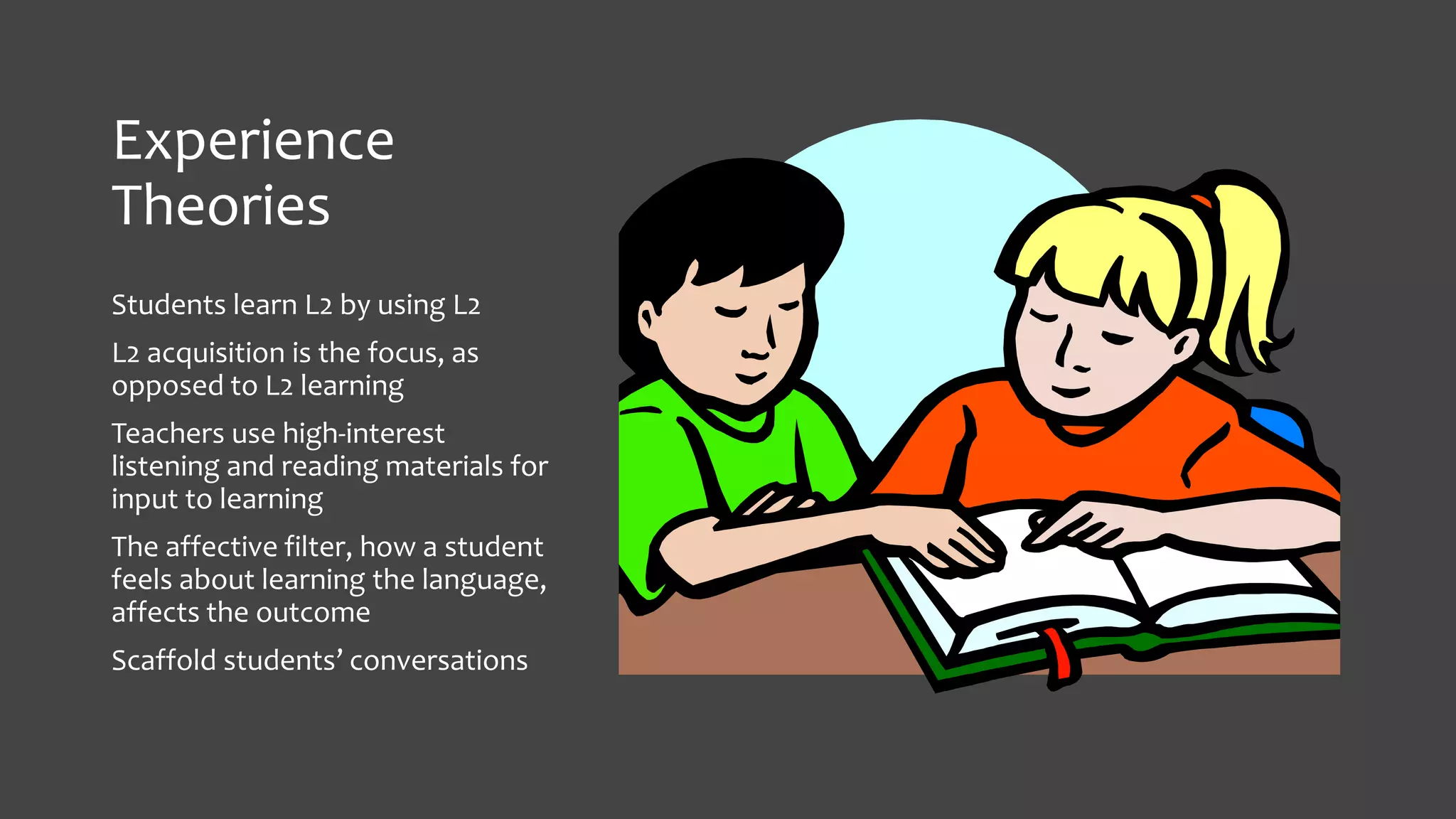 Experience
Theories
Students learn L2 by using L2
L2 acquisition is the focus, as
opposed to L2 learning

Teachers use high-interest
listening and reading materials for
input to learning
The affective filter, how a student
feels about learning the language,
affects the outcome
Scaffold students’ conversations

 