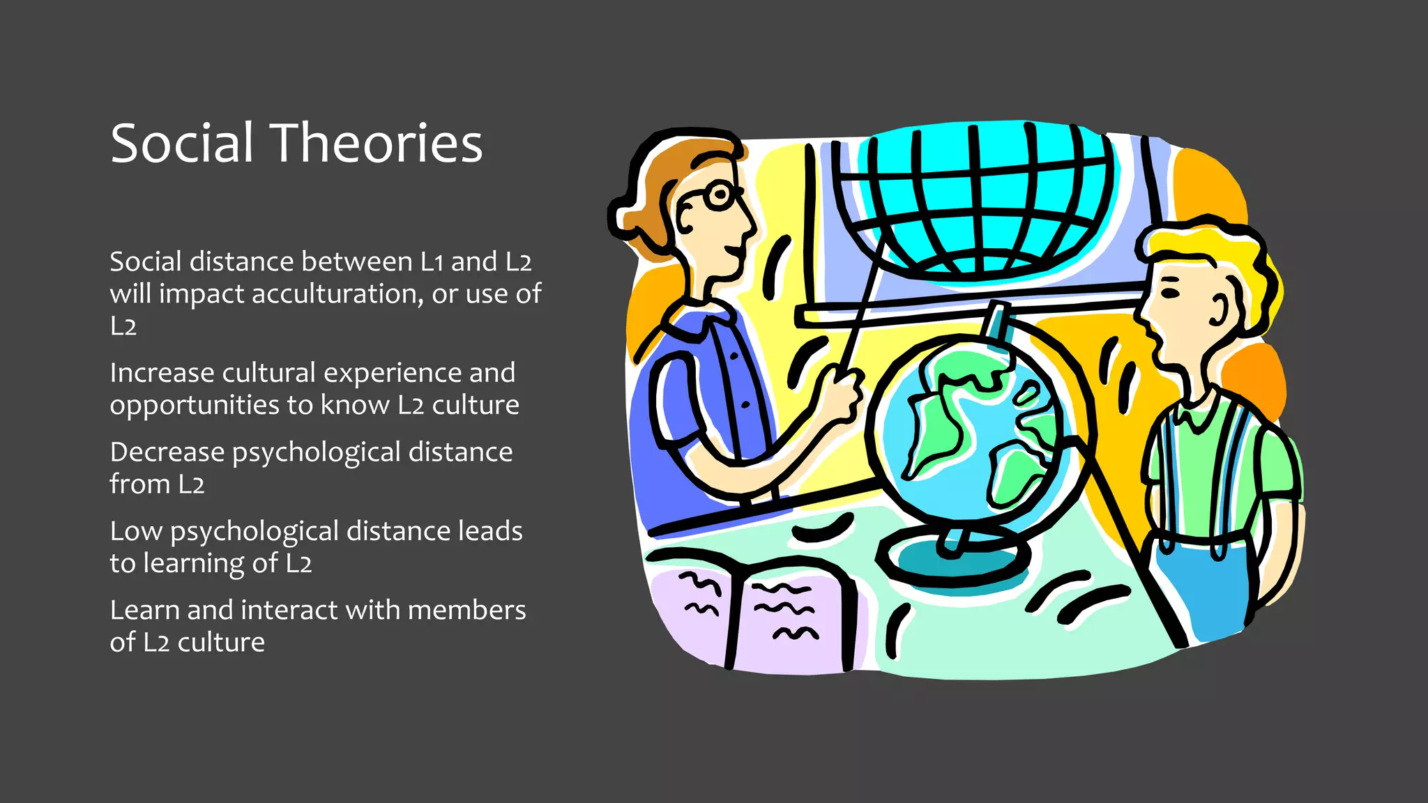 Social Theories
Social distance between L1 and L2
will impact acculturation, or use of
L2
Increase cultural experience and
opportunities to know L2 culture
Decrease psychological distance
from L2
Low psychological distance leads
to learning of L2

Learn and interact with members
of L2 culture

 