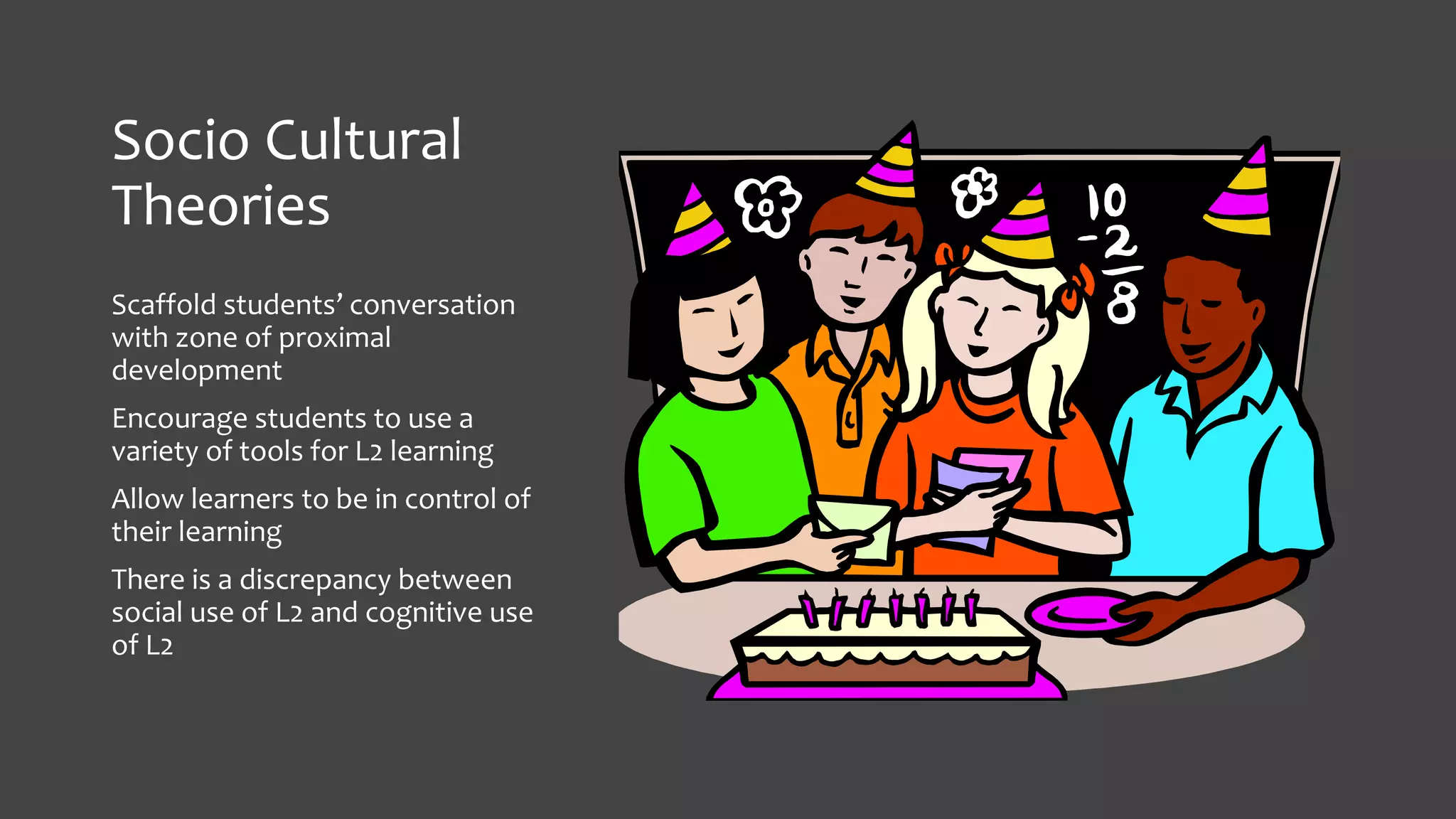 Socio Cultural
Theories
Scaffold students’ conversation
with zone of proximal
development

Encourage students to use a
variety of tools for L2 learning
Allow learners to be in control of
their learning
There is a discrepancy between
social use of L2 and cognitive use
of L2

 