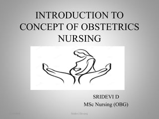 INTRODUCTION TO
CONCEPT OF OBSTETRICS
NURSING
SRIDEVI D
MSc Nursing (OBG)
2/16/2018 Sridevi Devaraj 1
 