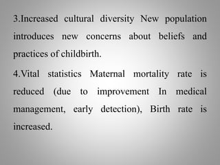 3.Increased cultural diversity New population
introduces new concerns about beliefs and
practices of childbirth.
4.Vital statistics Maternal mortality rate is
reduced (due to improvement In medical
management, early detection), Birth rate is
increased.
 