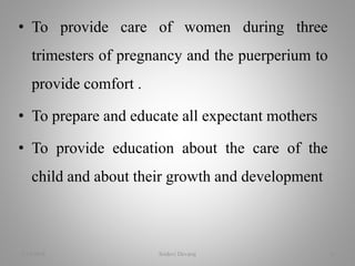 • To provide care of women during three
trimesters of pregnancy and the puerperium to
provide comfort .
• To prepare and educate all expectant mothers
• To provide education about the care of the
child and about their growth and development
2/16/2018 Sridevi Devaraj 6
 