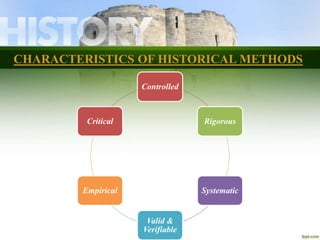 CHARACTERISTICS OF HISTORICAL METHODS
Controlled
Rigorous
Systematic
Valid &
Verifiable
Empirical
Critical
 