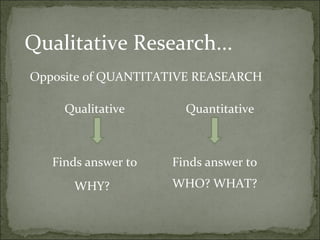 Qualitative Research...
Opposite of QUANTITATIVE REASEARCH

     Qualitative       Quantitative



   Finds answer to   Finds answer to
      WHY?           WHO? WHAT?
 