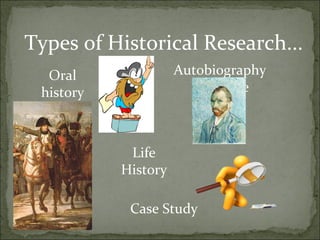 Types of Historical Research...
  Oral               Autobiography
 history               Narrative



            Life
           History

            Case Study
 