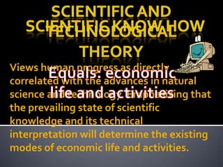 Views human progress as directly
correlated with the advances in natural
science and technology. Emphasizing that
the prevailing state of scientific
knowledge and its technical
interpretation will determine the existing
modes of economic life and activities.
 