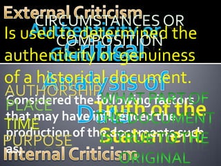 Is used to determined the
authenticity or genuiness
of a historical document.
Considered the following factors
that may have influenced the
production of the documents such
as;
 