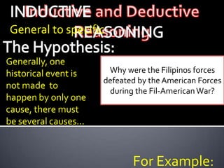 General to specific

Generally, one
historical event is    Why were the Filipinos forces
                      defeated by the American Forces
not made to
                       during the Fil-American War?
happen by only one
cause, there must
be several causes…



                             For Example:
 