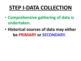 STEP I-DATA COLLECTION
• Comprehensive gathering of data is
undertaken.
• Historical sources of data may either
be PRIMARY or SECONDARY.
 