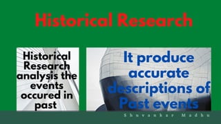 Historical Research
Historical
Research
analysis the
events
occured in
past
It produce
accurate
descriptions of
Past events
S h u v a n k a r M a d h u
 
