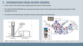 • A clear vision of the urban water supply system by means of water towers.
• The CASTELLUM DIVISORIUM was connected with three mains to the water towers standing along sides of roads
throughout the city.
• The outline of the distribution of public fountains, water towers and deep wells.
X. DISTRIBUTION FROM WATER TOWERS:
 