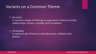 Variants on a Common Theme
 Structure
A common means of framing an argument in terms of actors,
relationships, actions, causality and correlation
 Vocabulary
A common set of terms to describe actors, relations and
actions
@mhbeals www.scissorsandpaste.net
 